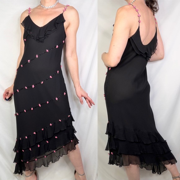 ICE Rosette Floral Slip Dress Beaded Ruffle Asymmetric Hem Cocktail Formal M - Picture 14 of 14